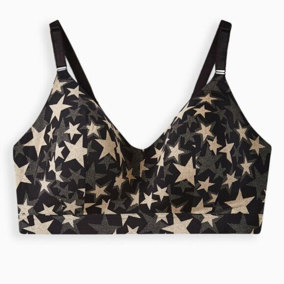 Torrid Curve Dream Wire-Free Bra Black Gold Star Print Size 44DDD 44F Longline - Picture 5 of 7